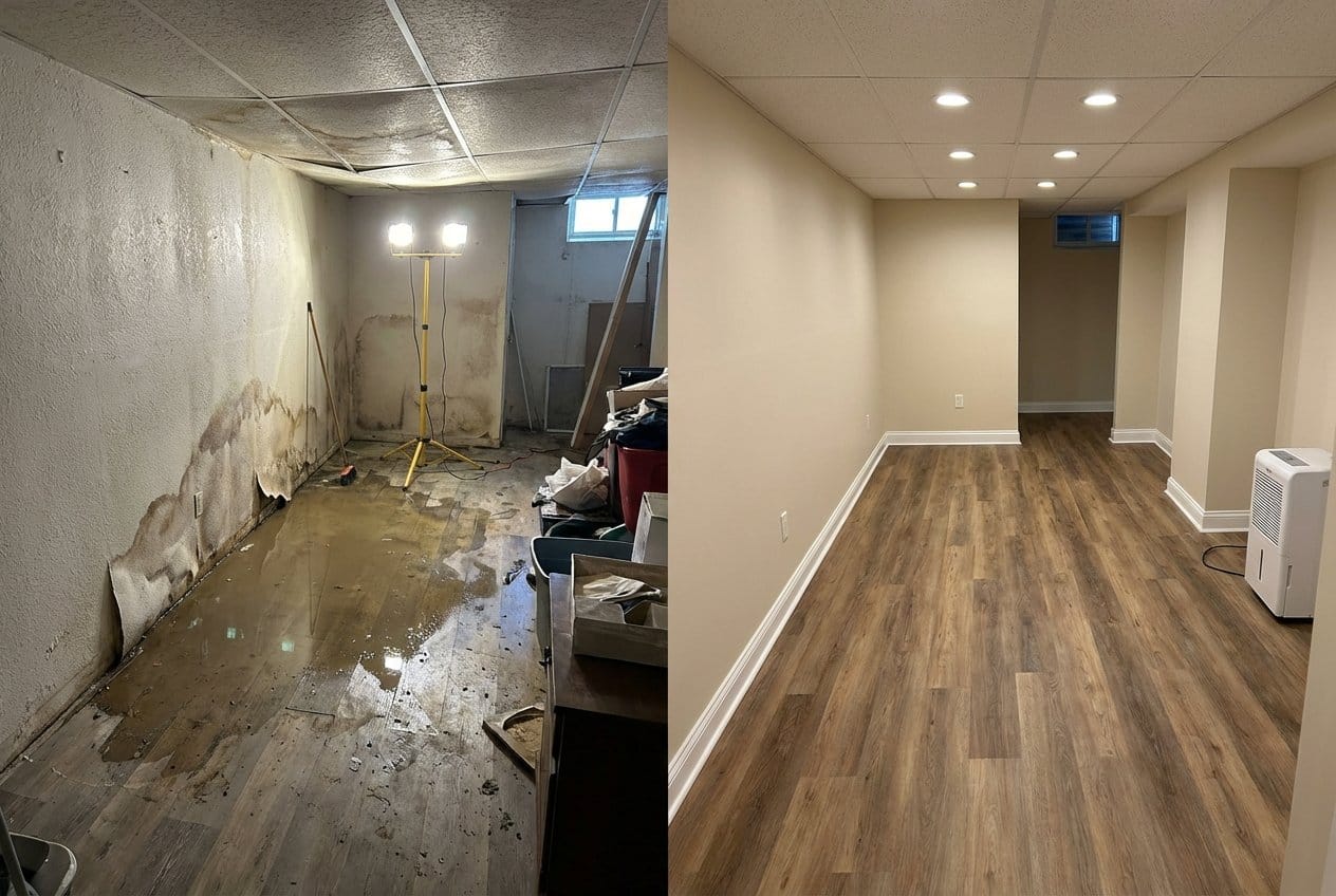 Water Damage Restoration before and after in residential basement, Upper Saddle River NJ