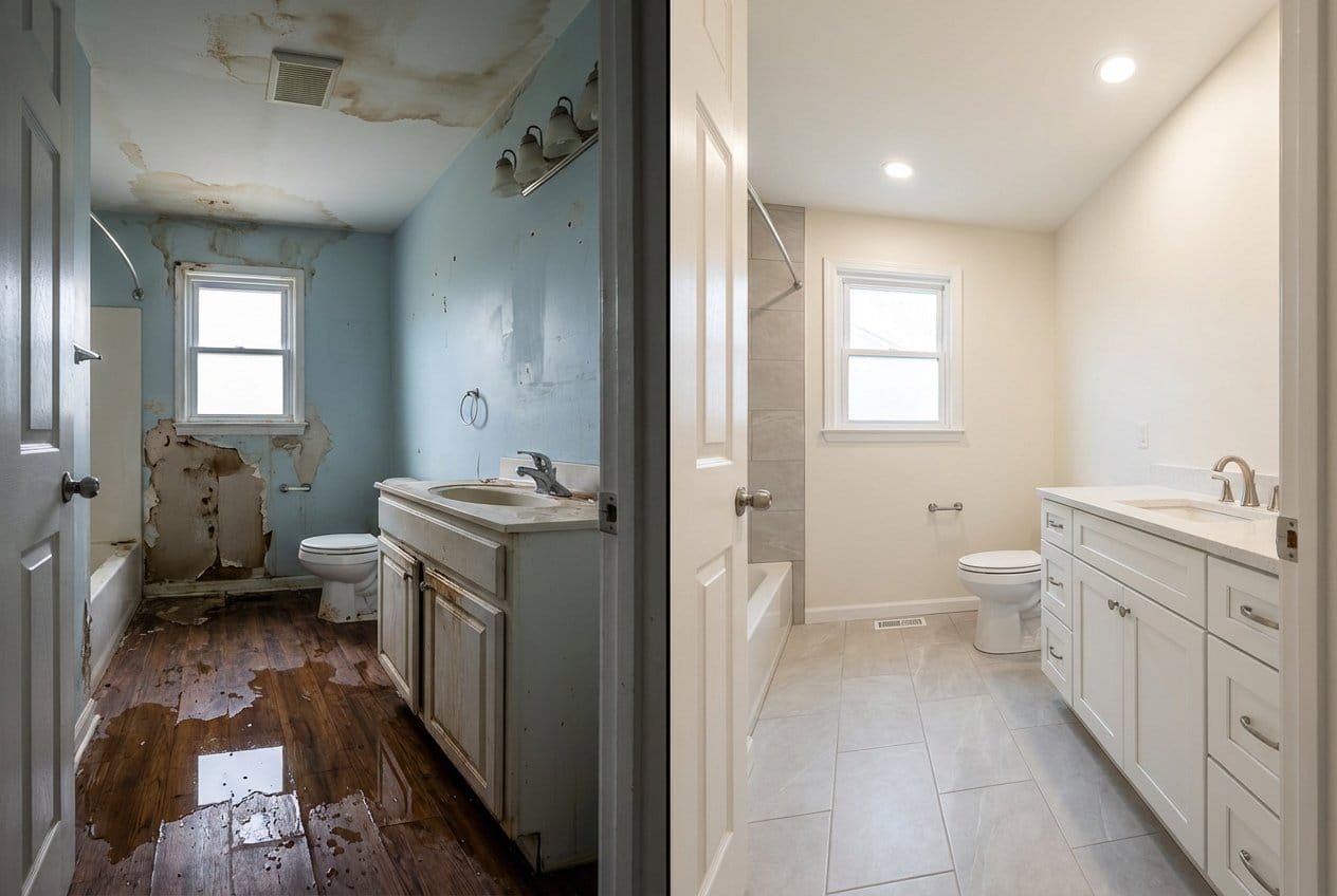 Before and after water damage restoration in Upper Saddle River split-level home bathroom