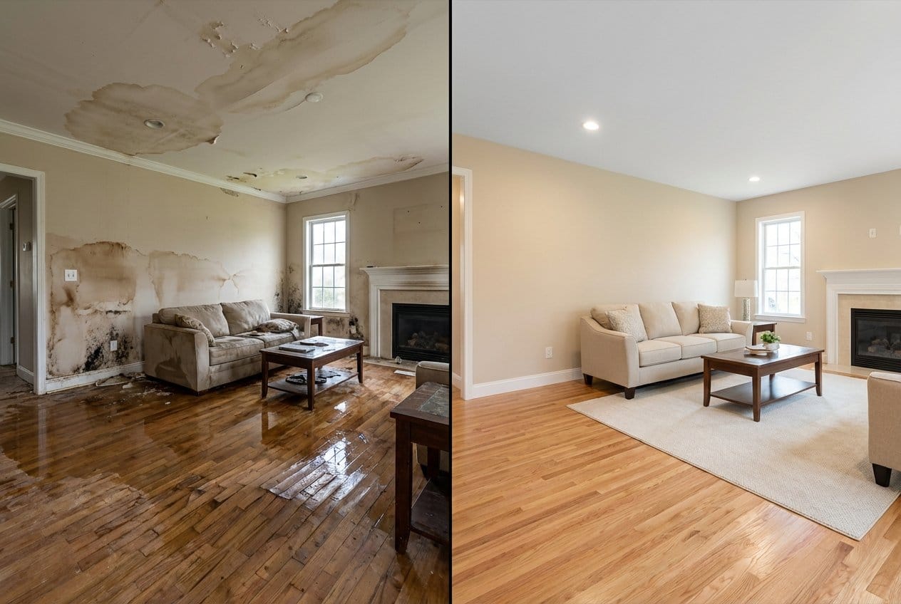 Emergency Water Removal before and after in living room, Upper Saddle River NJ