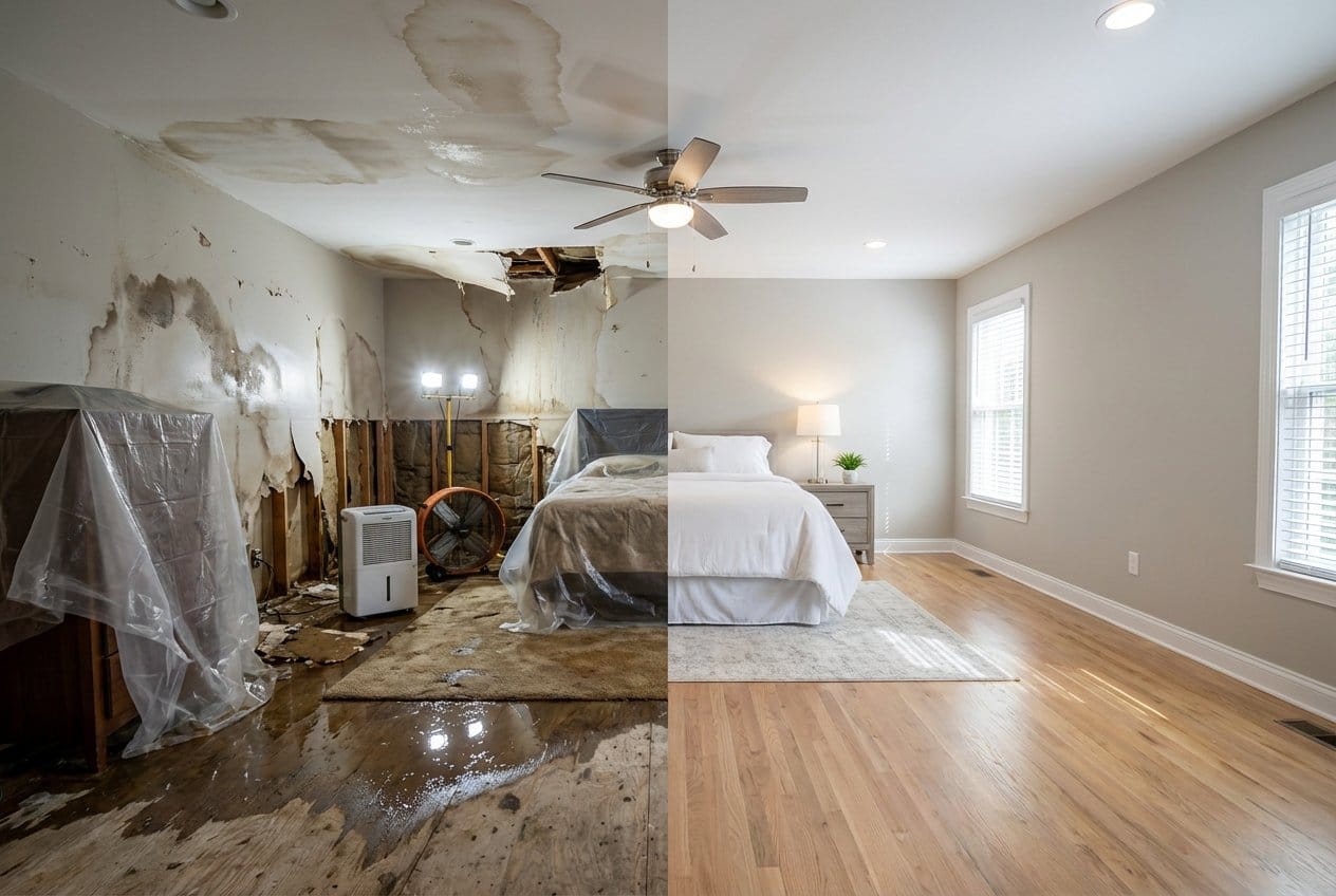 Before and after emergency water removal in Upper Saddle River two-story residence bedroom