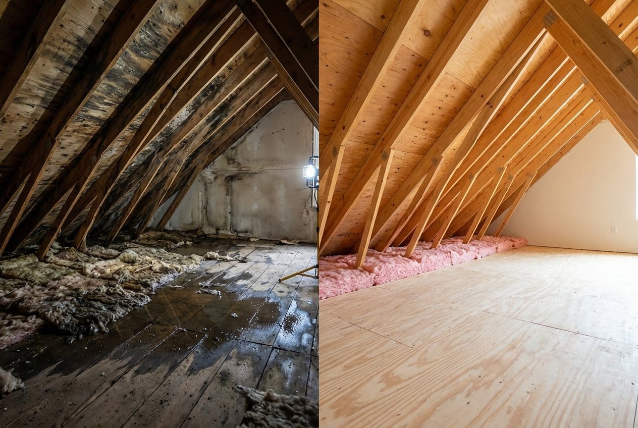 Before and after basement flood cleanup in Upper Saddle River commercial property attic space