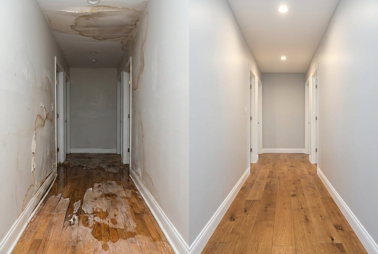 Burst Pipe & Plumbing Leak Damage before and after in hallway, Upper Saddle River NJ