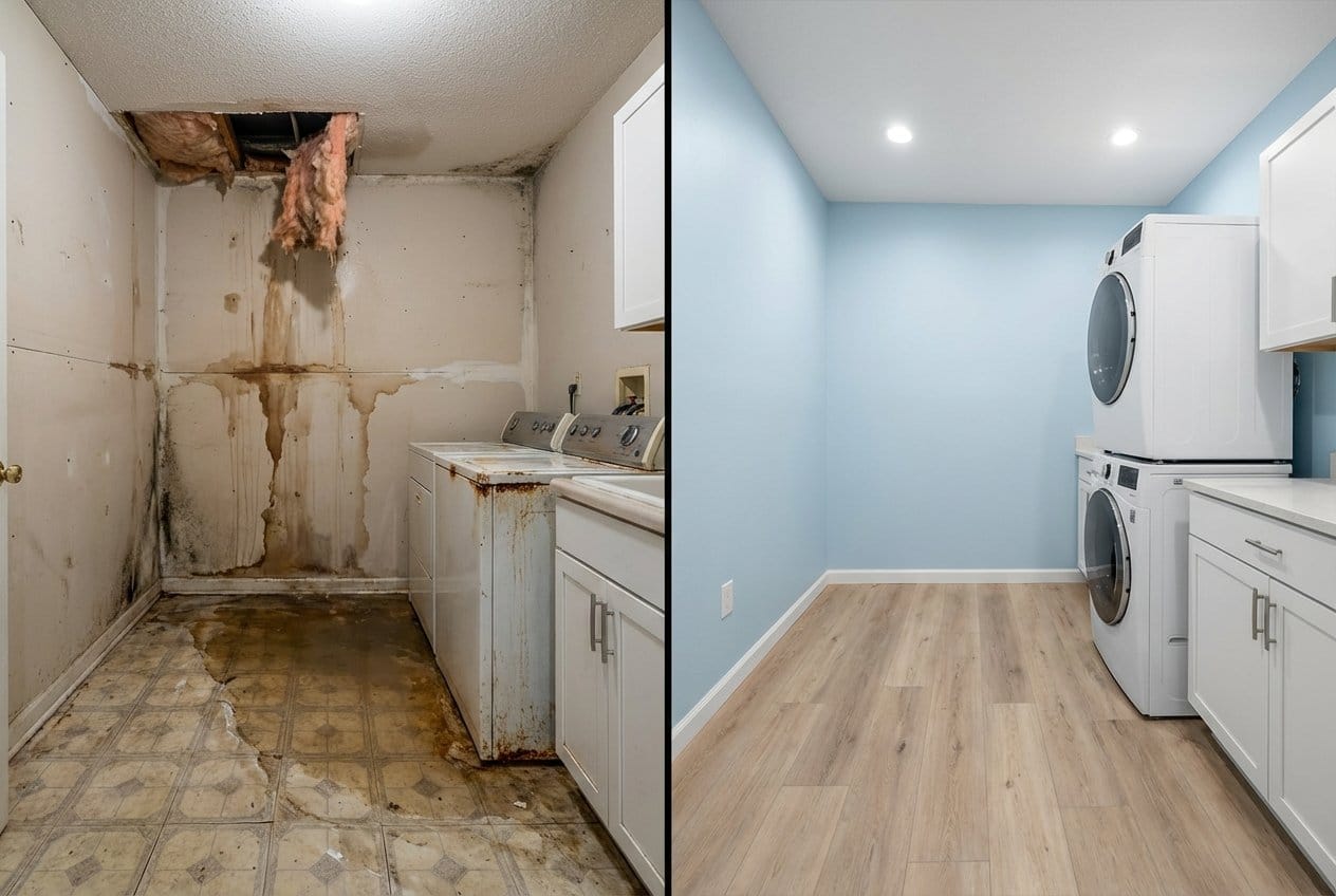 Burst Pipe & Plumbing Leak Damage restoration β laundry room of contemporary home in Upper Saddle River, NJ