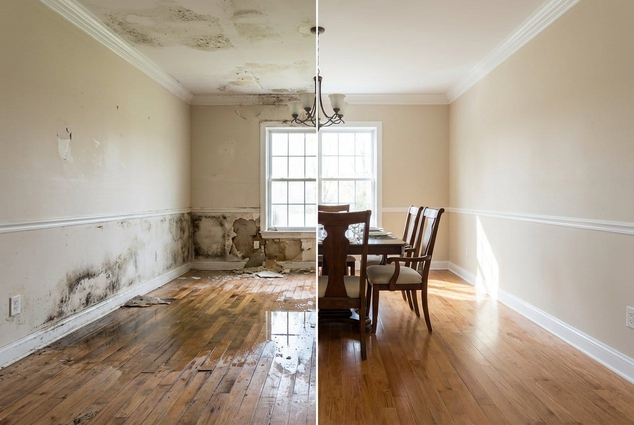 Before and after burst pipe & plumbing leak damage in Upper Saddle River bungalow dining room
