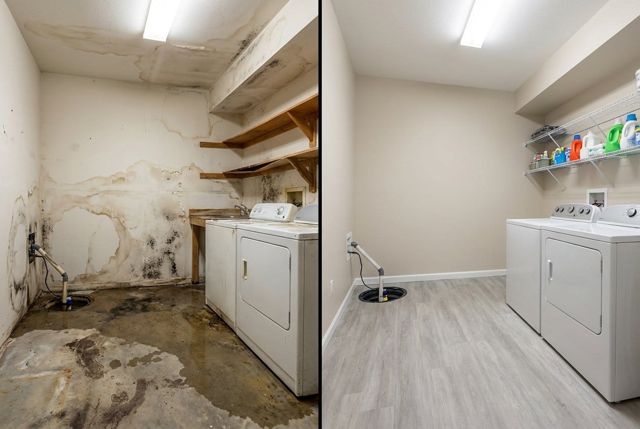 Storm & Roof Leak Water Damage restoration β utility room of split-level home in Upper Saddle River, NJ