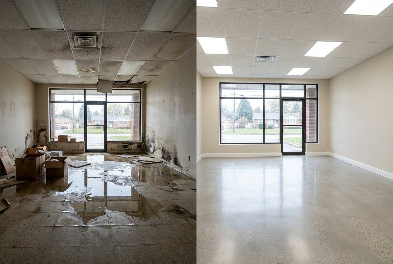 Before and after storm & roof leak water damage in Upper Saddle River Cape Cod house storefront interior