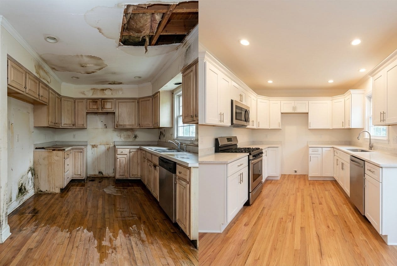 Sewage Backup Cleanup restoration โ home kitchen of two-story residence in Upper Saddle River, NJ