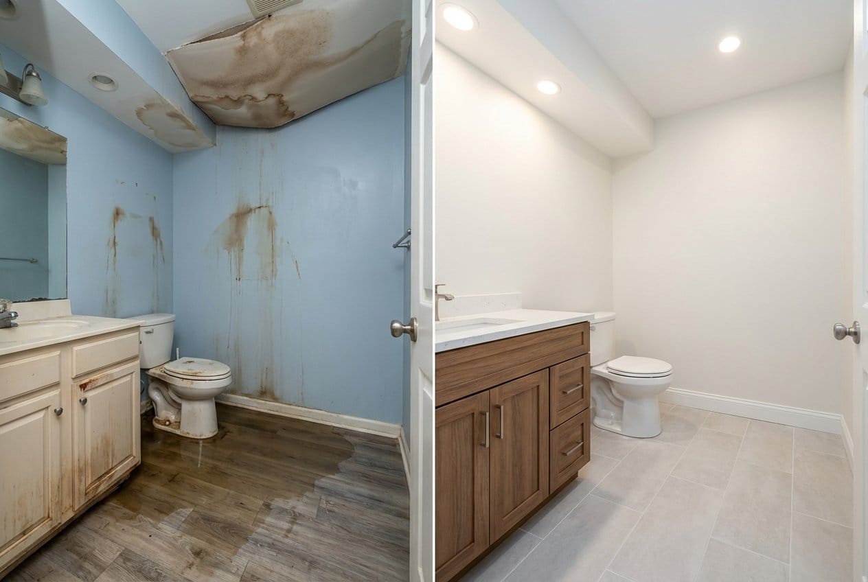 Before and after sewage backup cleanup in Upper Saddle River private residence bathroom