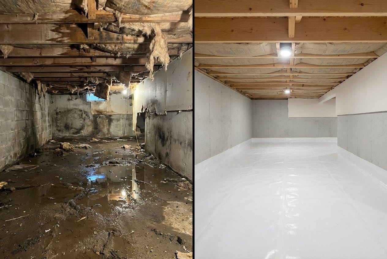 Carpet & Flooring Water Damage Cleanup restoration — crawl space of bungalow in Upper Saddle River, NJ
