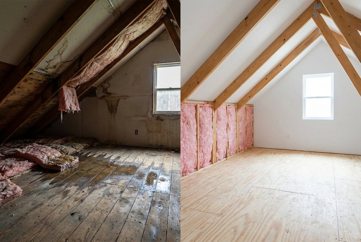 Before and after carpet & flooring water damage cleanup in Upper Saddle River single-family home attic space