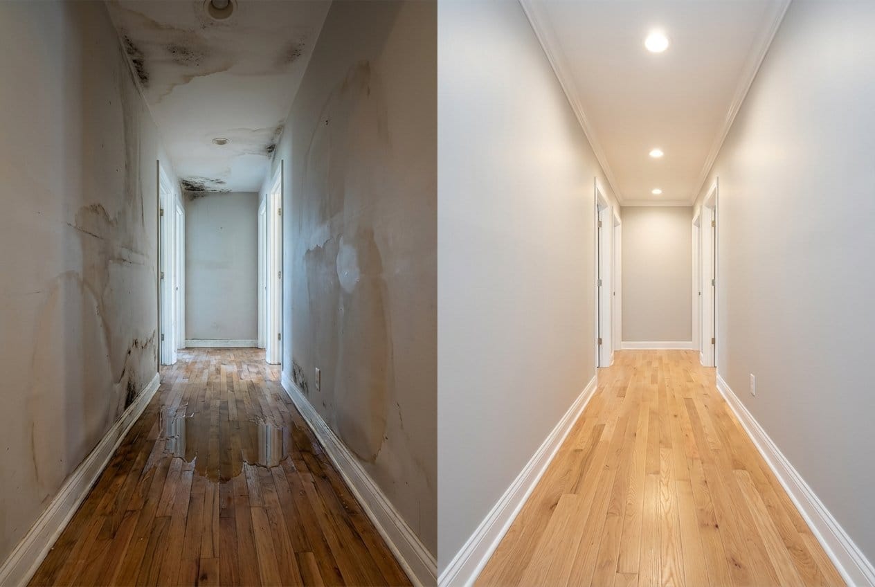 Wall & Ceiling Dry-Out before and after in hallway, Upper Saddle River NJ