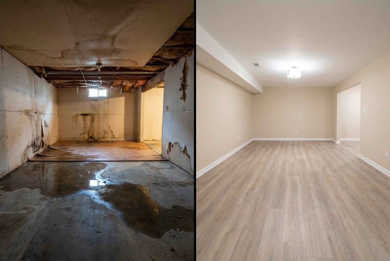 Content Drying & Property Cleanup before and after in finished basement, Upper Saddle River NJ