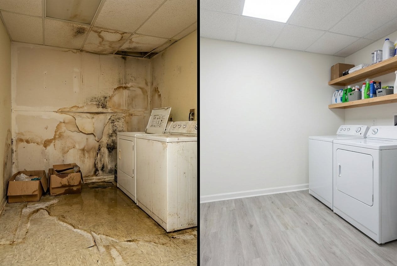 Content Drying & Property Cleanup restoration — utility room of private residence in Upper Saddle River, NJ