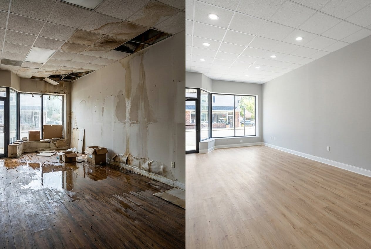 Before and after content drying & property cleanup in Upper Saddle River townhouse storefront interior